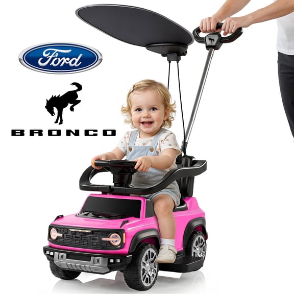 Ford Bronco 3 in 1 Push Car with Canopy for Toddlers 1–3, Ride On Push Car Toy with Adjustable Parent Steering Handle, Removable Guardrail & Footrest, Music, Horn, Under Seat Storage, Silent Wheels