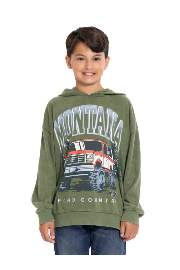 Boys Retro Graphic Mineral Washed Hoodie with Long Sleeves, Sizes 4-18