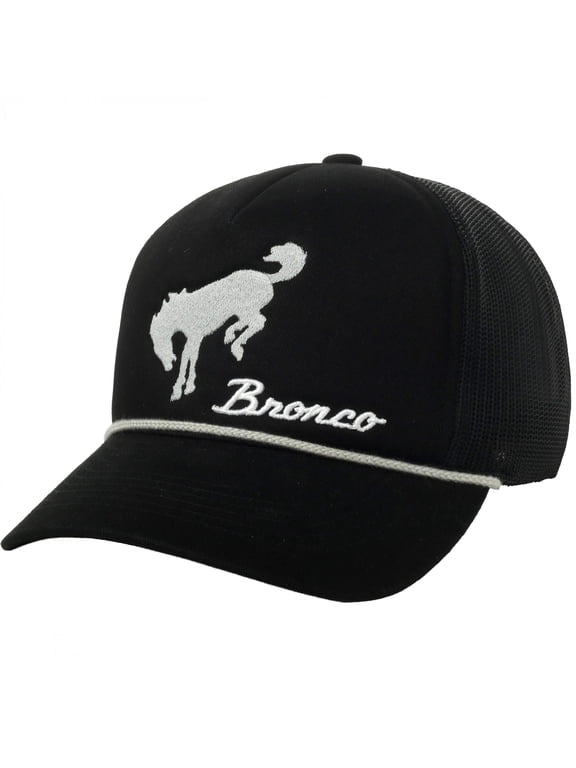 Bronco Black Trucker Hat – High Crown Cotton Twill, Mesh Back, One Size
