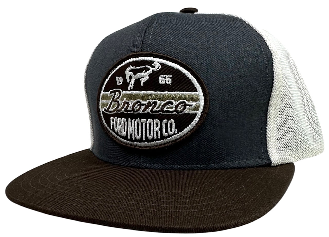 Ford Bronco Men's Snapback Hat Embroidered 1966 Retro Patch Flat Bill Cap (Charcoal Heather/Brown)
