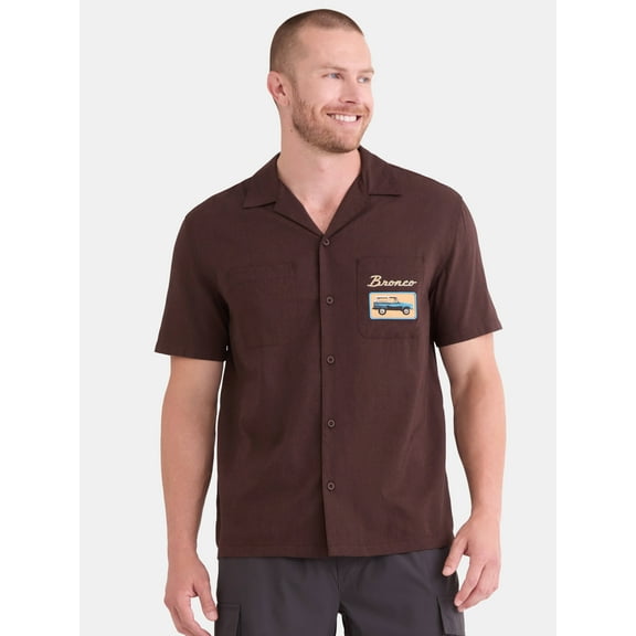Ford Bronco Men's and Big Men's Front and Back Graphic Button Up Workwear Style Mechanics Shirt with Short Sleeves, Sizes S-3XL