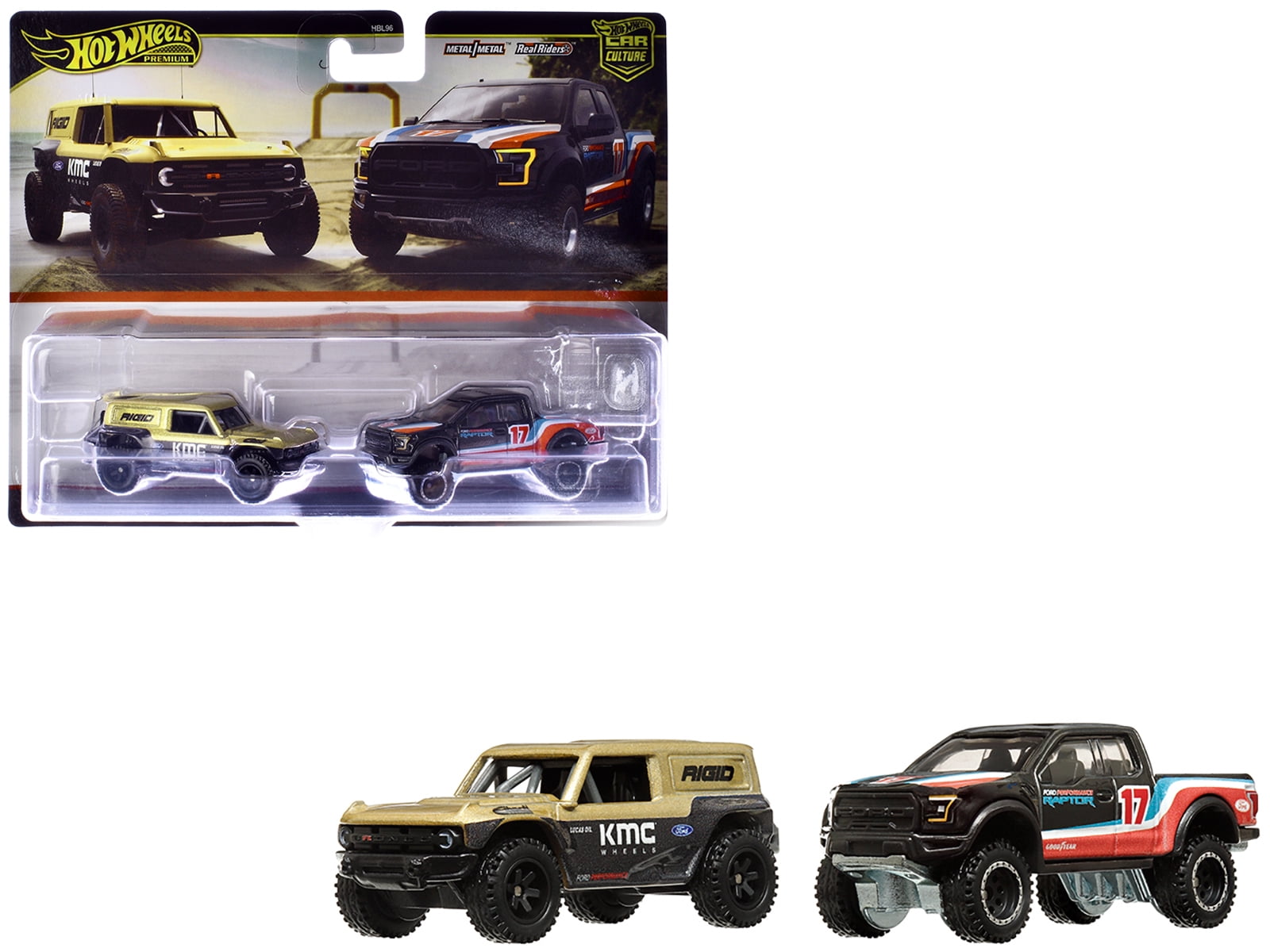 Ford Bronco R Gold Met & Black & 2017 F-150 Raptor Truck #17 Black w/Stripes "Car Culture" Set Die Cast Model Cars by Hot Wheels