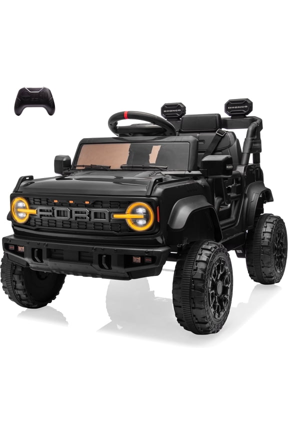 Ford Bronco Raptor 12V Powered Ride On Truck Toys, Kids Electric Car with Remote with Remote Control, Bluetooth, LED Light, Spring Suspension, 3 Speeds, 4 Wheelers, Black