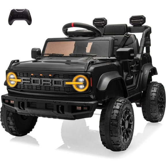 Ford Bronco Raptor 12V Powered Ride On Truck Toys, Kids Electric Car with Remote with Remote Control, Bluetooth, LED Light, Spring Suspension, 3 Speeds, 4 Wheelers, Black