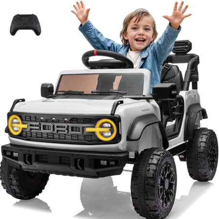 Ford Bronco Raptor Powered Ride on Truck, 12V Powered Kids Ride on Toy Cars with Remote Control, Bluetooth, LED, MP3, Safety Belt, 4 Wheelers, Electric Car for Kids Girls 3-5 Gift, White