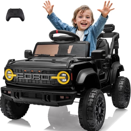 Ford Bronco Raptor Powered Ride on Truck, 12V Powered Kids Ride on Toy Cars with Remote Control, Bluetooth, LED, MP3, Safety Belt, 4 Wheelers, Electric Car for Kids Girls 3-5 Gift, Black
