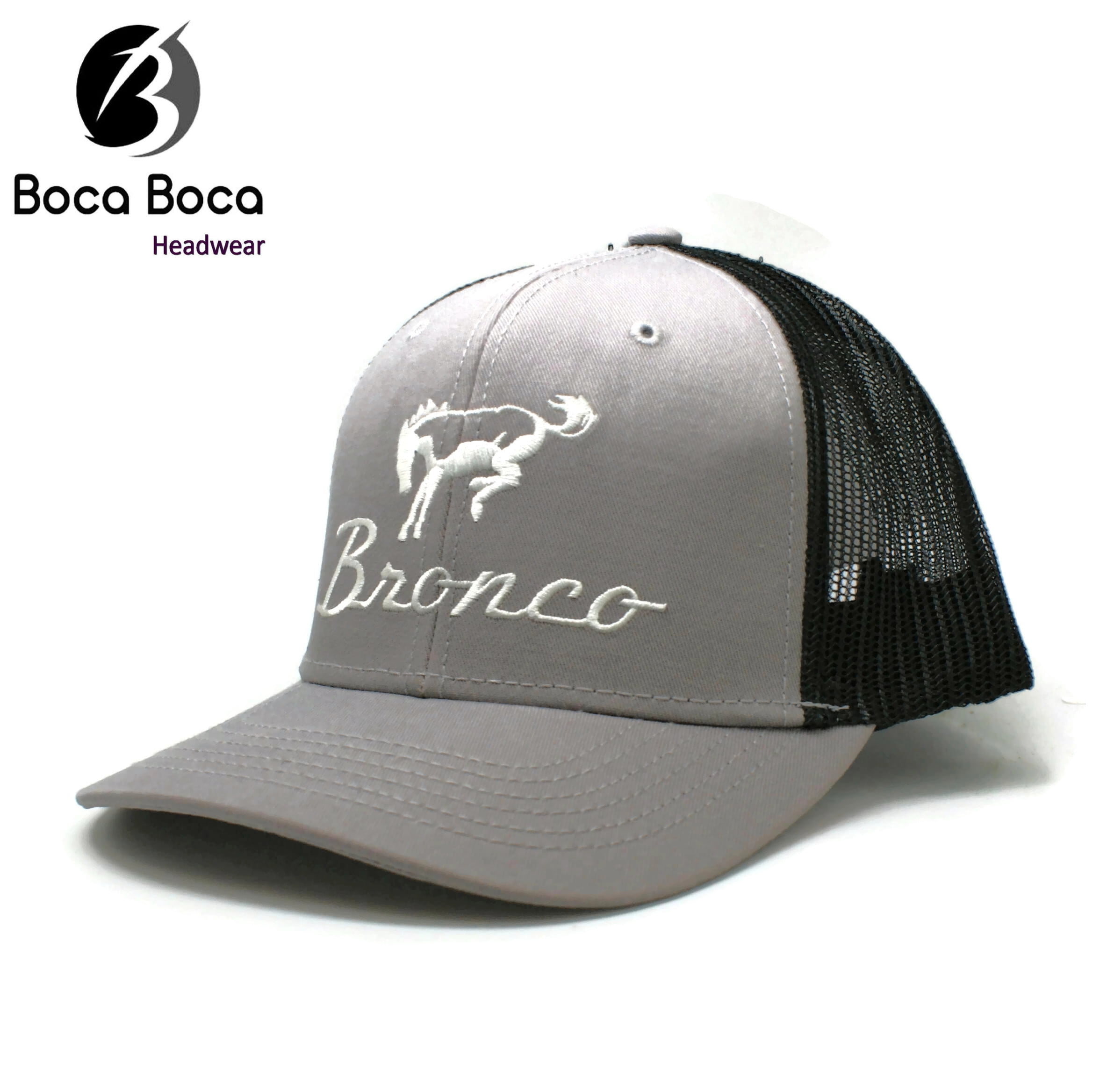 Ford Bronco Trucker Hat, Vented Mesh, Embroidered Logo, 50% Cotton 50% Polyester, Grey with Black Mesh Back