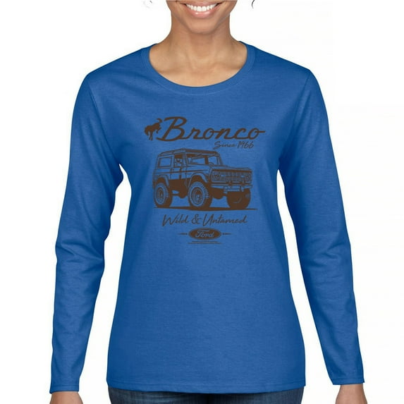 Ford Bronco Wild and Untamed Since 1966 Women's Long Sleeve T-shirt Vintage Off-Road 4x4 Adventure Retro Truck Licensed