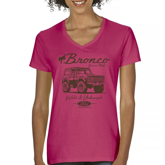 Ford Bronco Wild and Untamed Since 1966 Women's V-Neck T-shirt Vintage Off-Road 4x4 Adventure Retro Truck Licensed Tee