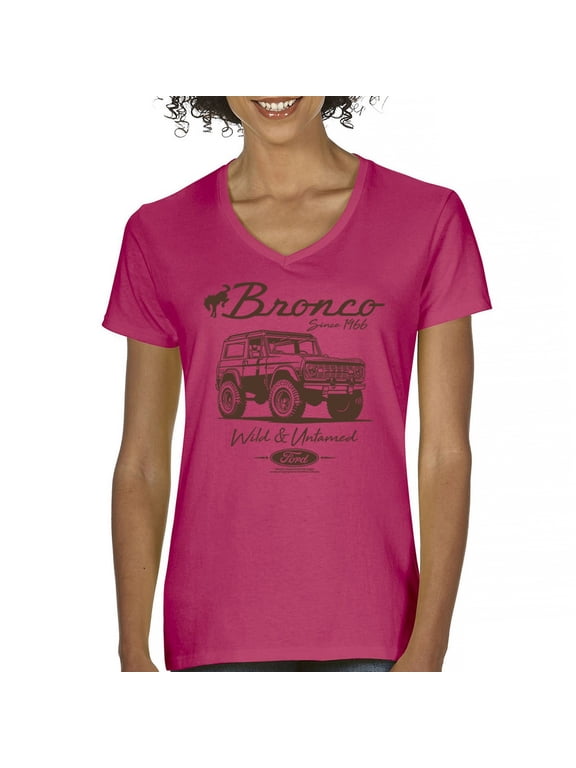Ford Bronco Wild and Untamed Since 1966 Women's V-Neck T-shirt Vintage Off-Road 4x4 Adventure Retro Truck Licensed Tee
