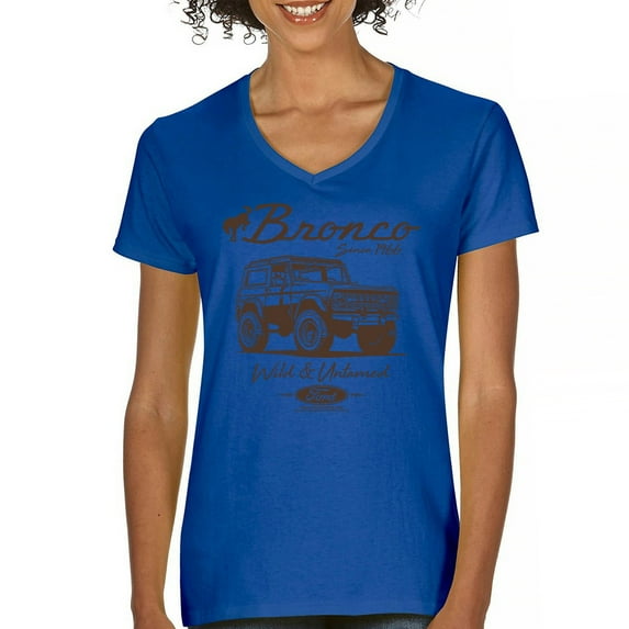 Ford Bronco Wild and Untamed Since 1966 Women's V-Neck T-shirt Vintage Off-Road 4x4 Adventure Retro Truck Licensed Tee