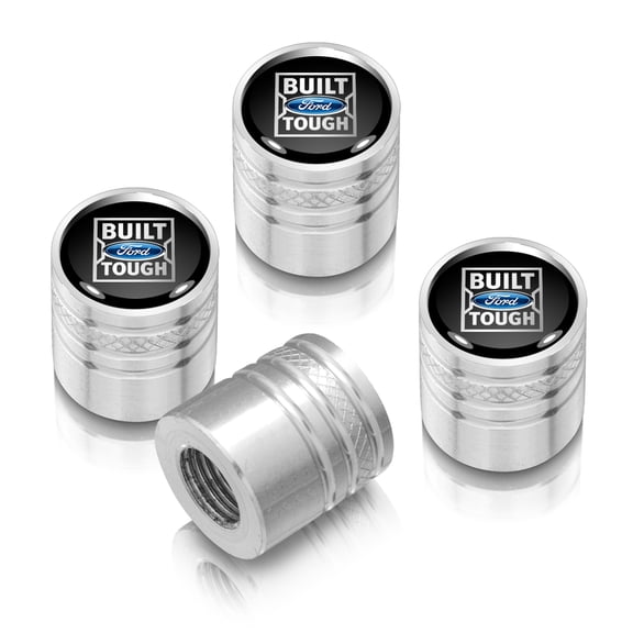 Ford Built-Ford-Tough Black on Silver Aluminum Cylinder-Style Tire Valve Stem Caps