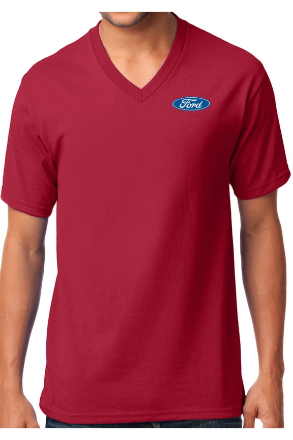 Ford Classic Oval Emblem Logo V-neck Tee Shirt, Large RED