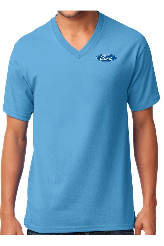 Ford Classic Oval Emblem Logo V-neck Tee Shirt, Small Aqua Blue