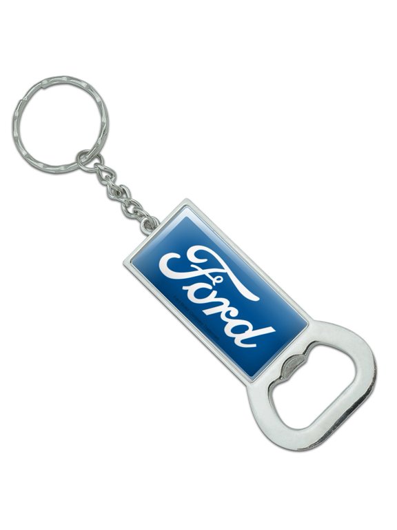 Ford Classic Script Logo Keychain Rectangle Chrome Plated Metal Bottle Cap Opener