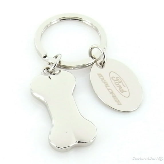 Ford Explorer Dog Bone Shaped Key Chain With Id Tag (Chrome)