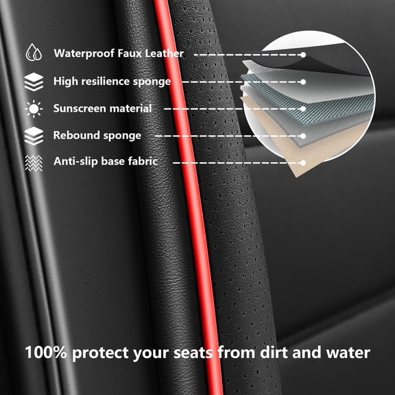 Ford F-150 F-250 F-350 Seat Covers Full Set 2011-2025, Waterproof Leather Protectors for XL XLT STX Lariat King Ranch Platinum Raptor, Luxury 5 Seats, Black&Red