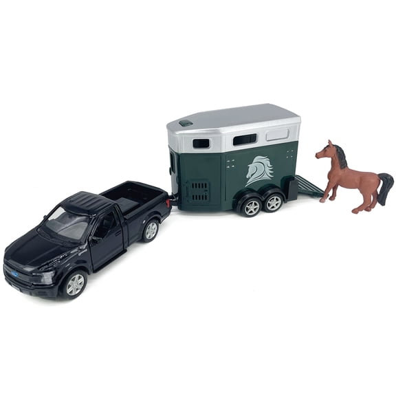 F-150 Pickup Truck Trailer Towing Horse Transporter Farm Trailers Doors Open 1/36 Scale Model Car Diecast Metal Toy Cars, 3 4 5 6 7 Year Old Kids Boys Gifts, Cake Topper Home Office Dcor Collection