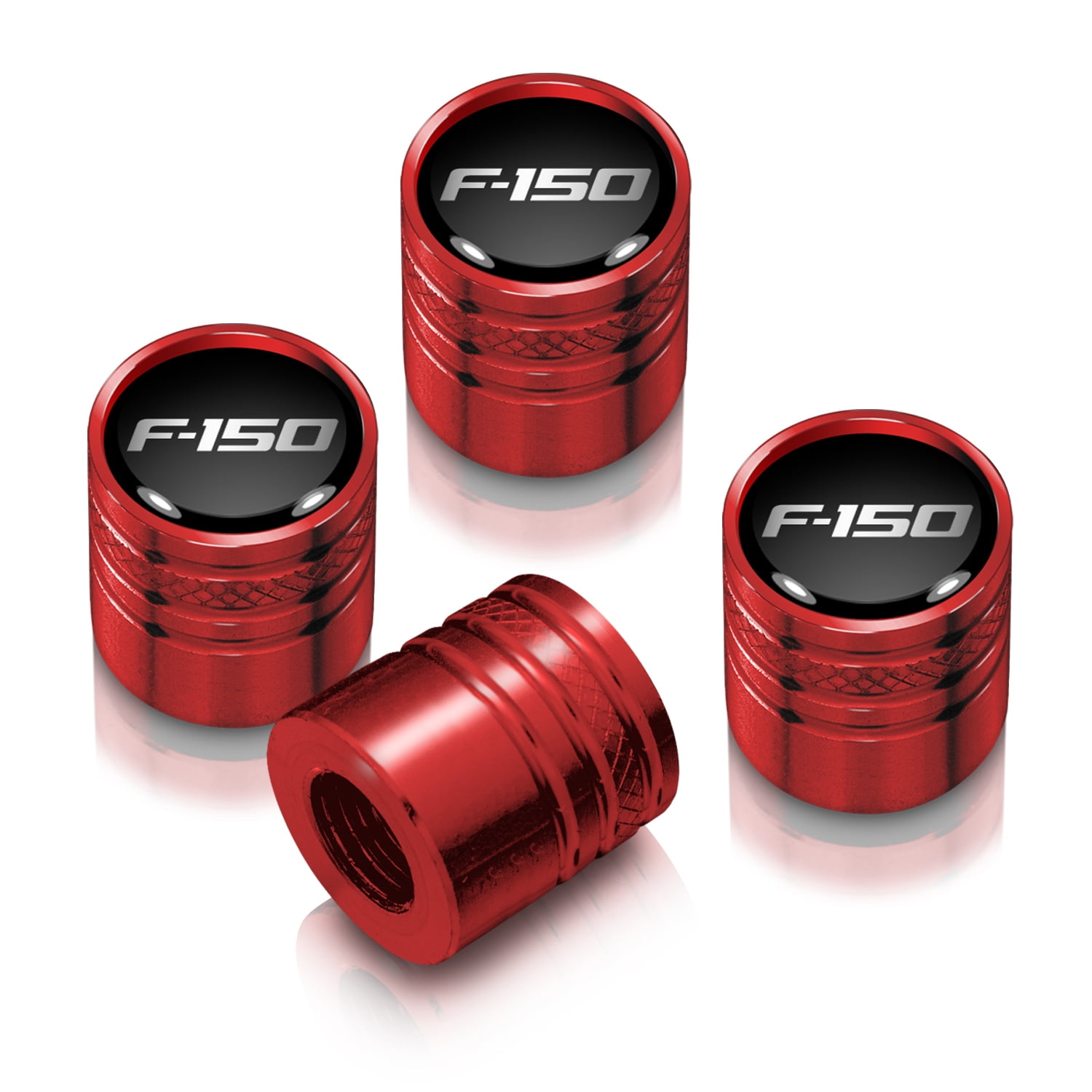 Ford F-150 in Black on Red Cylinder-Style Premium Anodized Aluminum Tire Valve Stem Caps - Set of 4
