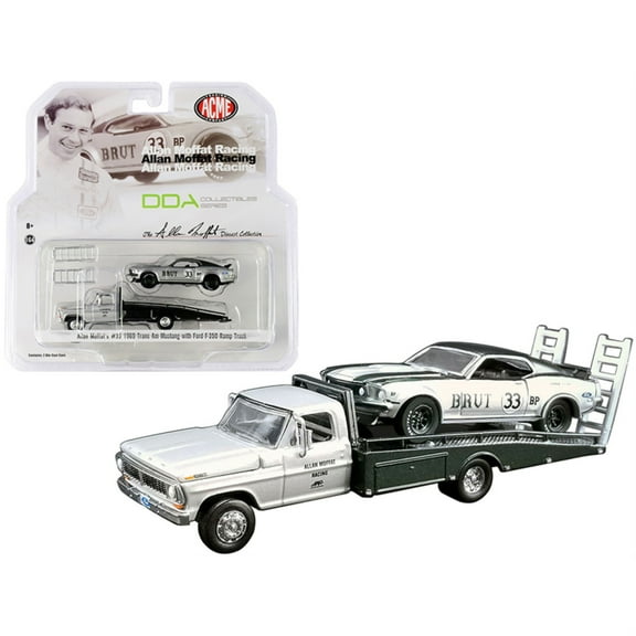 Ford F-350 Ramp Truck Metallic Silver and 1969 Ford Mustang Trans Am #33 Brut Metallic Silver and Metallic Green (Allan Moffats) DDA Collectibles Series ACME Exclusive 1/64 Die