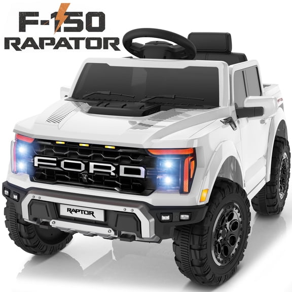 Conchico 12V Licensed Ford F150 Raptor Powered Ride-On Cars Toys with Remote & Durable Wheels for Kids, White
