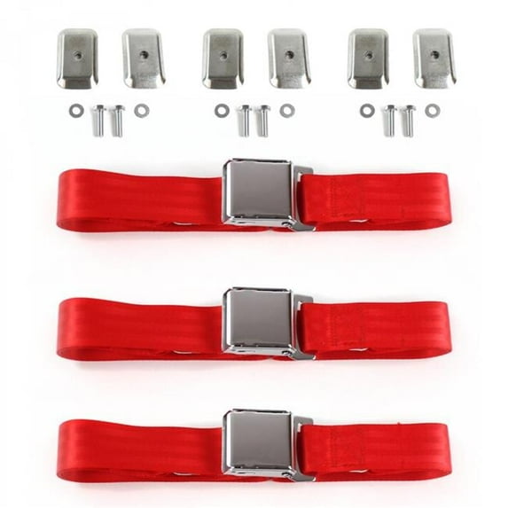 Ford Fairlane 1960-1961 Airplane 2 Point Red Lap Bench Seat Belt Kit with Bracketry - 3 Belts