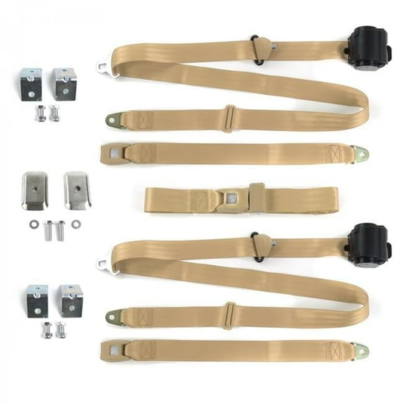 Ford Fairlane 1960-1961 Standard 3 Point Tan Retractable Bench Seat Belt Kit with Bracketry - 3 Belts