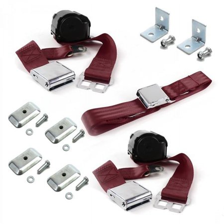 Ford Falcon 1966-1970 Airplane 2 Point Burgandy Retractable Bench Seat Belt Kit with Bracketry - 3 Belts