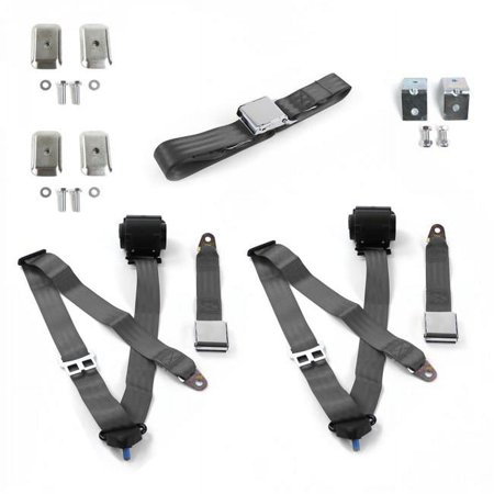 Ford Falcon 1966-1970 Airplane 3 Point Charcoal Retractable Bench Seat Belt Kit with Bracketry - 3 Belts