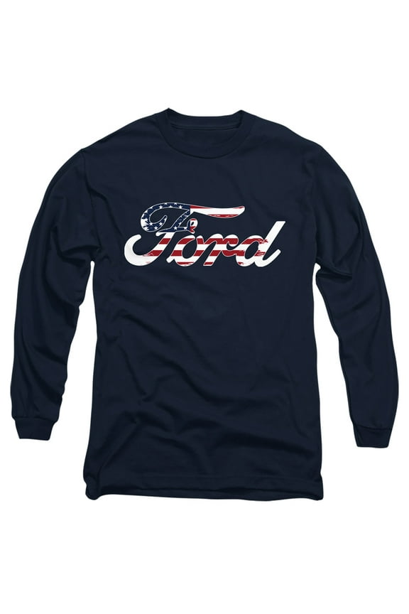 Ford Flag Logo Long Sleeve Adult 18/1 T-Shirt Navy