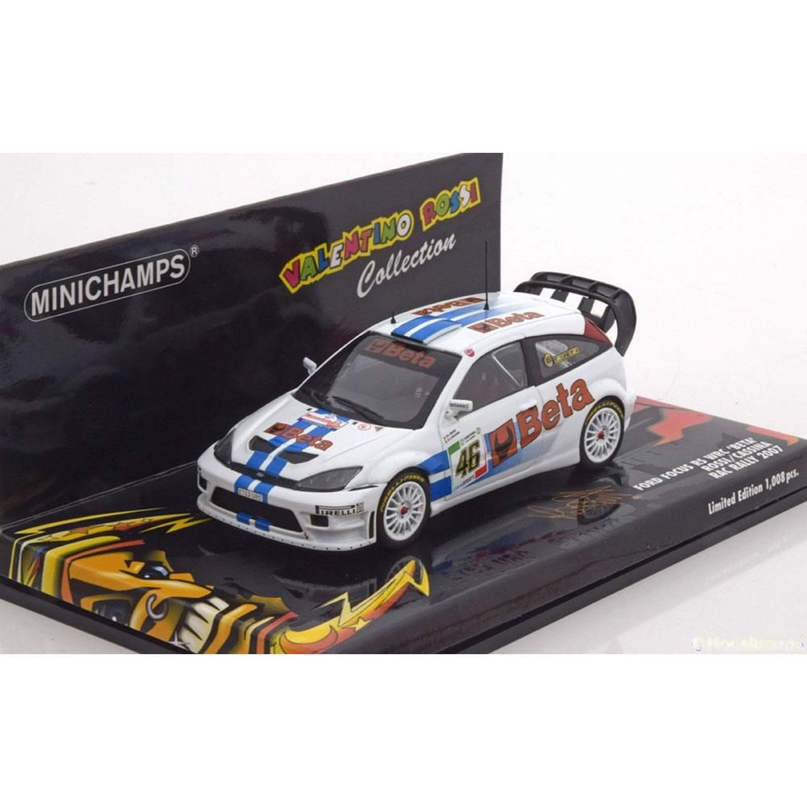 Ford Focus RS WRC Beta Rossi/Cassina (RAC Rally Monza 2007) 1:43 scale diecast model rally car in White by Minichamps