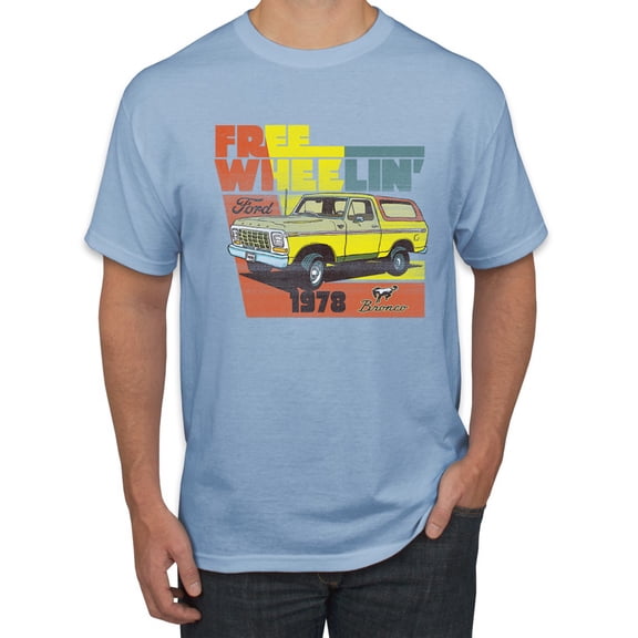 Ford Free Wheelin 1978 Bronco Classic Rasta 70s | Mens Cars and Trucks Graphic T-Shirt, Light Blue, Small