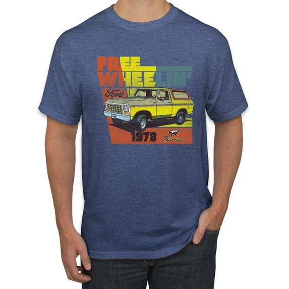 Ford Free Wheelin 1978 Bronco Classic Rasta 70s | Mens Cars and Trucks Graphic T-Shirt, Vintage Heather Blue, Small