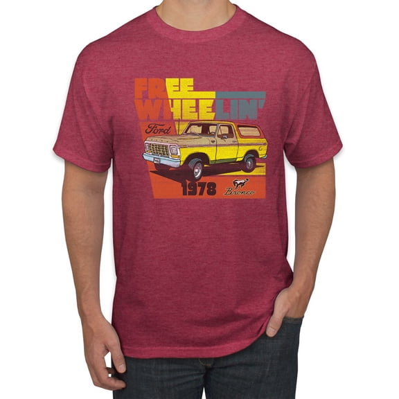 Ford Free Wheelin 1978 Bronco Classic Rasta 70s | Mens Cars and Trucks Graphic T-Shirt, Vintage Heather Red, Small