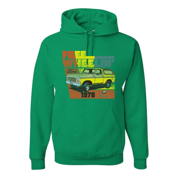 Ford Free Wheelin 1978 Bronco Classic Rasta 70s | Mens Cars and Trucks Hooded Sweatshirt Graphic Hoodie, Kelly, 3XL