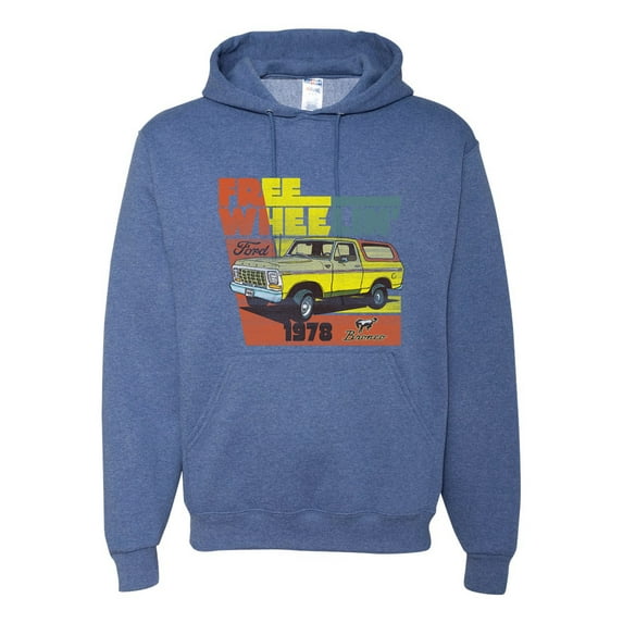 Ford Free Wheelin 1978 Bronco Classic Rasta 70s | Mens Cars and Trucks Hooded Sweatshirt Graphic Hoodie, Vintage Heather Blue, 3XL