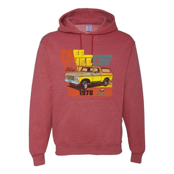 Ford Free Wheelin 1978 Bronco Classic Rasta 70s | Mens Cars and Trucks Hooded Sweatshirt Graphic Hoodie, Vintage Heather Red, Medium