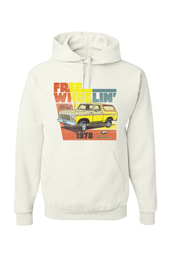 Ford Free Wheelin 1978 Bronco Classic Rasta 70s | Mens Cars and Trucks Hooded Sweatshirt Graphic Hoodie, White, Medium
