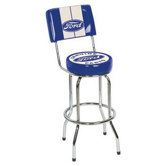 Ford Genuine Parts Bar Stool w/Backrest Vinyl Covering- Blue & White FRD-42200