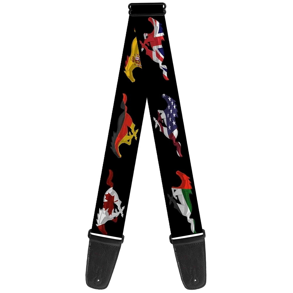 Ford Guitar Strap, Mustang Silhouette Black International Flags, 2 Inches Wide