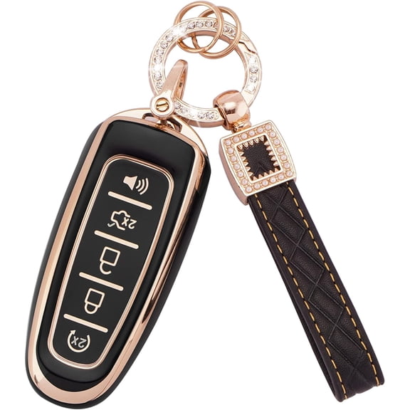 for Ford Key Fob Cover with Leather Key Fob Keychain, 5 Buttons Soft TPU Keys Shells Compatible with Ford Edge Focus Flex Explorer Taurus Lincoln MKS MKT MKX,E,5L Buttons