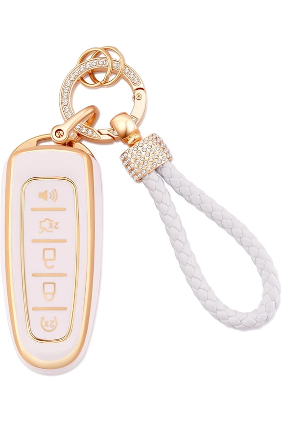 for Ford Key Fob Cover with Leather Key Fob Keychain, 5 Buttons Soft TPU Keys Shells Compatible with Ford Edge Focus Flex Explorer Taurus Lincoln MKS MKT MKX,J,5L Buttons