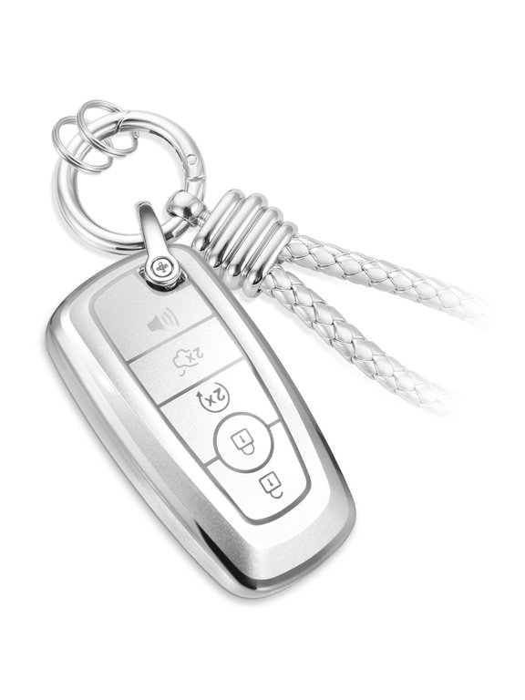 for Ford Key Fob Cover with Upgraded Anti-lost Luxury Keychains, Fashionable Matte Metallic Silver Soft Case for Fusion Mustang F150-350 Edge Explorer Lincoln