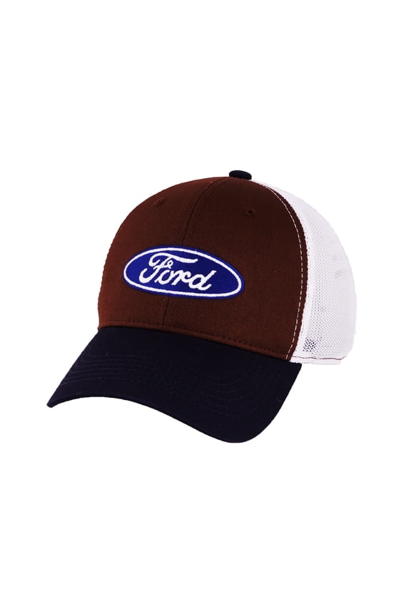 Ford Logo Blue Brown White Mesh Trucker Adjustable Snapback Hat Cap Retro