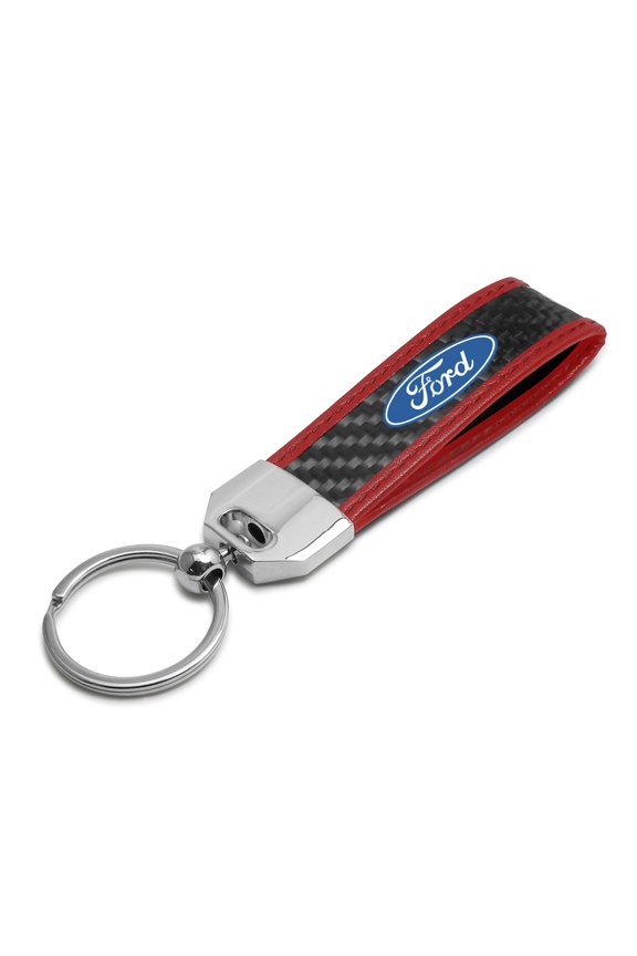 Ford Logo Real Carbon Fiber Strap with Red Leather Stitching Edge Key Chain