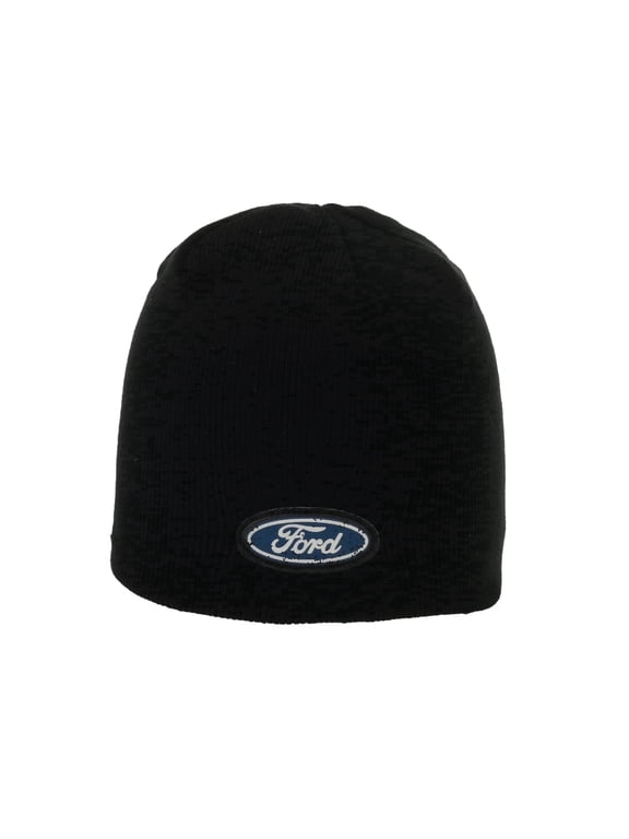 Mens Classic Knit Beanie Black Winter Hat with Logo Patch, 100% Acrylic Warm Cap
