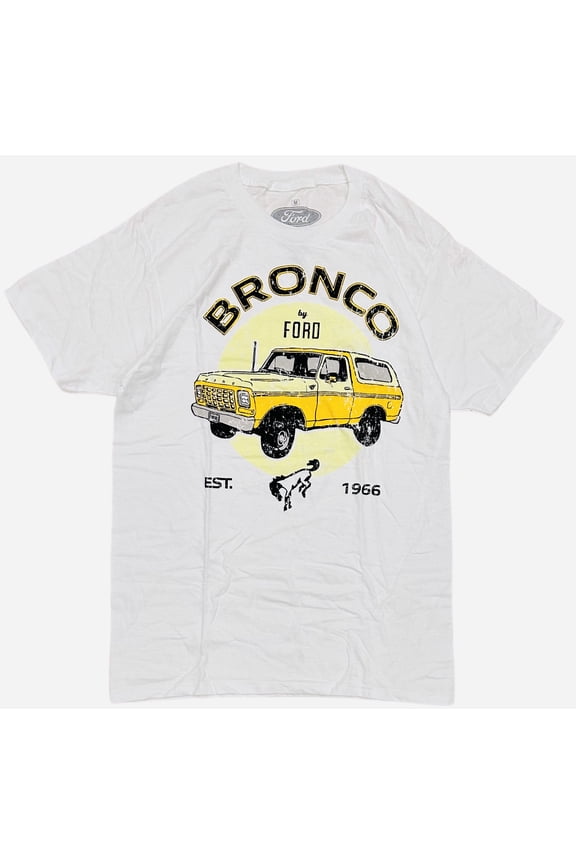 Men's Officially Licensed Bronco Vintage Retro Distressed Print Tee T-Shirt (Large, White)