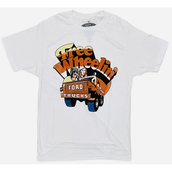Ford Men's Officially Licensed Free Wheelin' Trucks Retro Graphic Tee T-Shirt (Small, White)