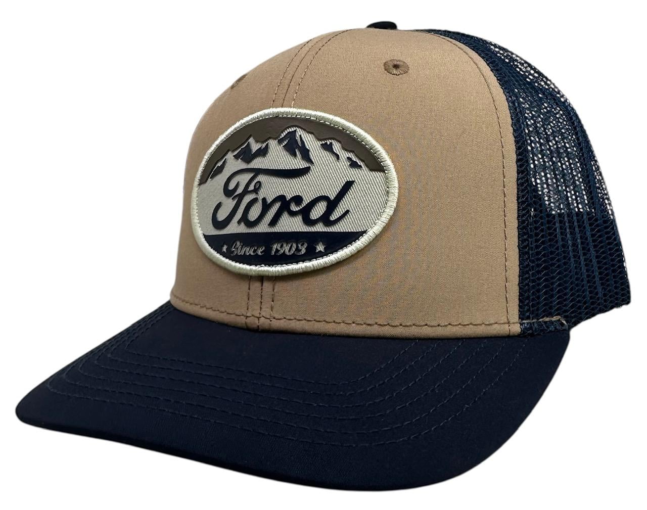 Ford Men's Trucker Hat High Density Print Since 1903 Patch Snapback Hat (Navy/Beige)