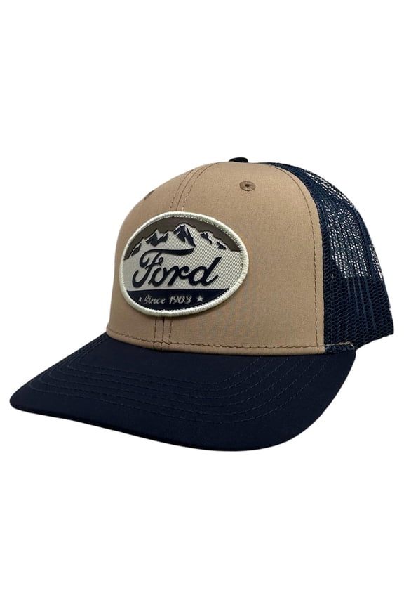 Men's Trucker Hat High Density Print Since 1903 Patch Snapback Hat (Navy/Beige)